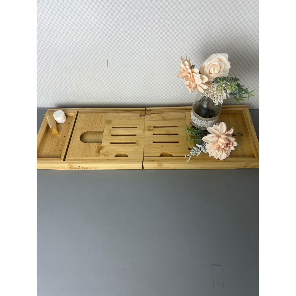 Temple Spring Bamboo Bathtub Caddy Tray Expandable Bath Organizer Natural Wood‎